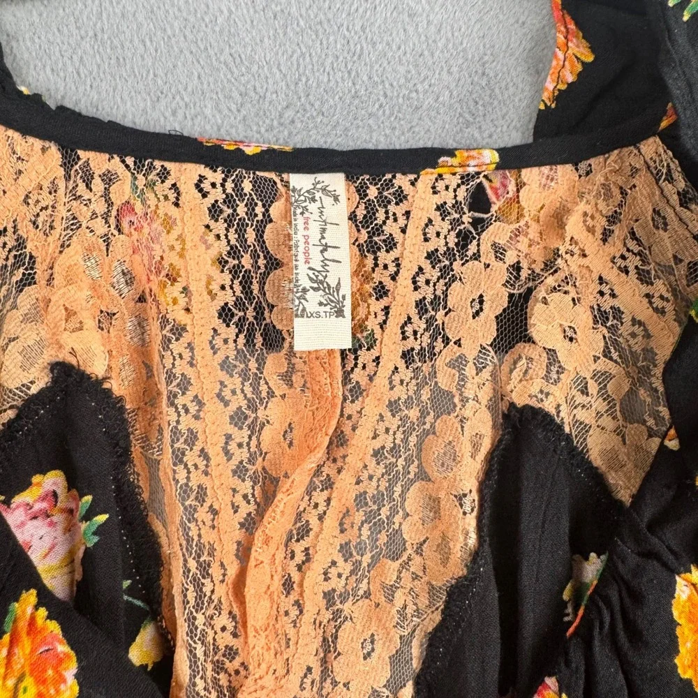 Intimately Free People Floral Lace Ruffle Bodysuit Black Orange XS Long Sleeve